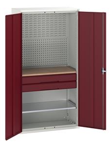 16926571.** Verso multiplex worktop cupboard with 1 shelf, 2 drawers and louvre backpanel. WxDxH: 1050x550x2000mm. RAL 7035/5010 or selected